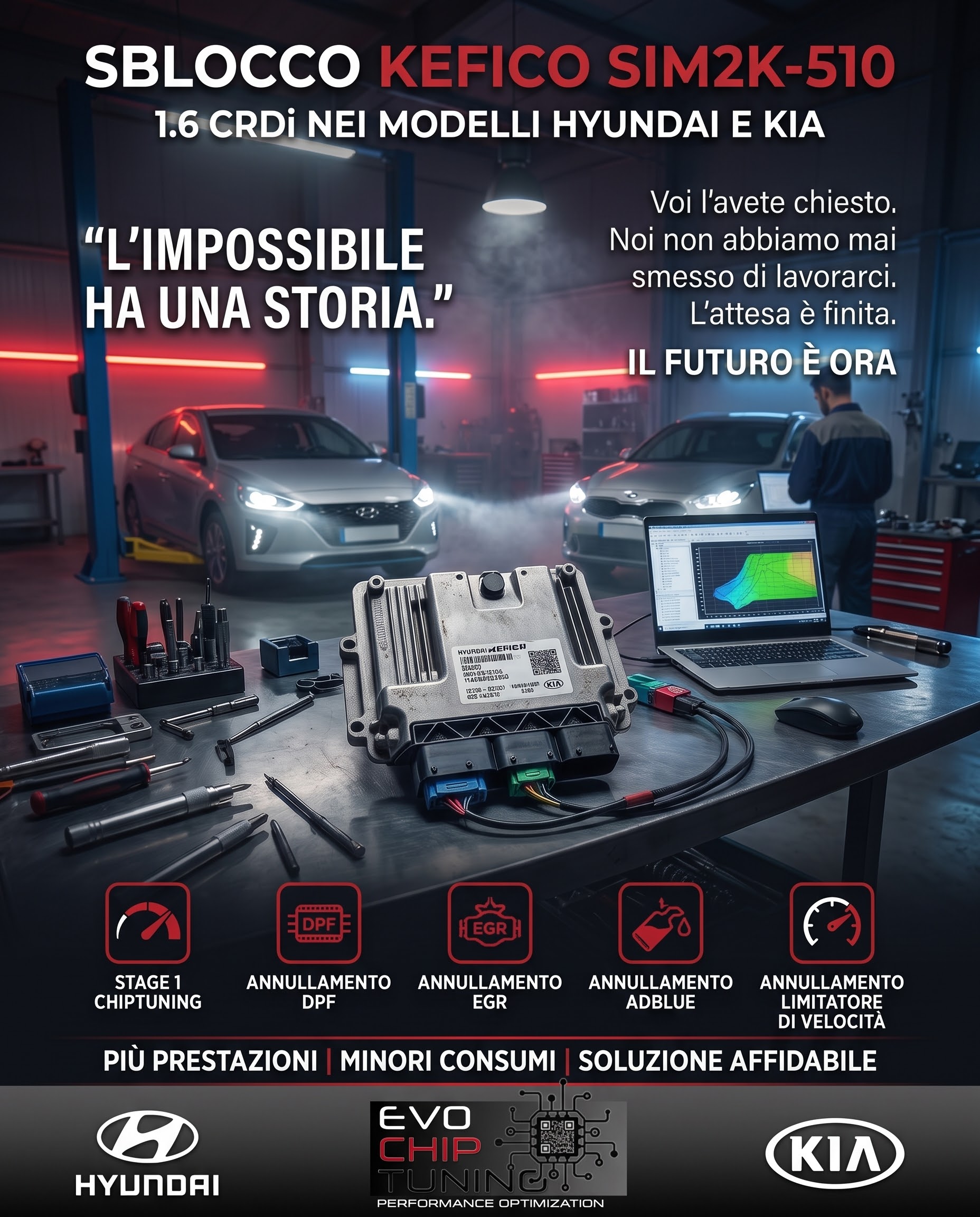 Centralina Kefico SIM2K-510 per Hyundai e Kia 1.6 CRDi sul banco di lavoro di Evo Chip Tuning per rimappatura e sblocco.